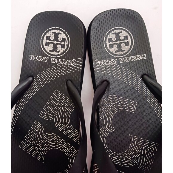 Tory Burch Emory Thong Flips Flops Blk/White Silver Logo 1/2" Straps Sz 8 - Picture 6 of 9